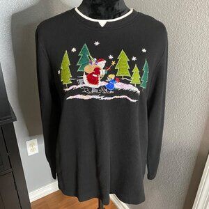 White Stag Christmas Sweatshirt‎ M Santa Trees Black Embroidered Sequins Holiday